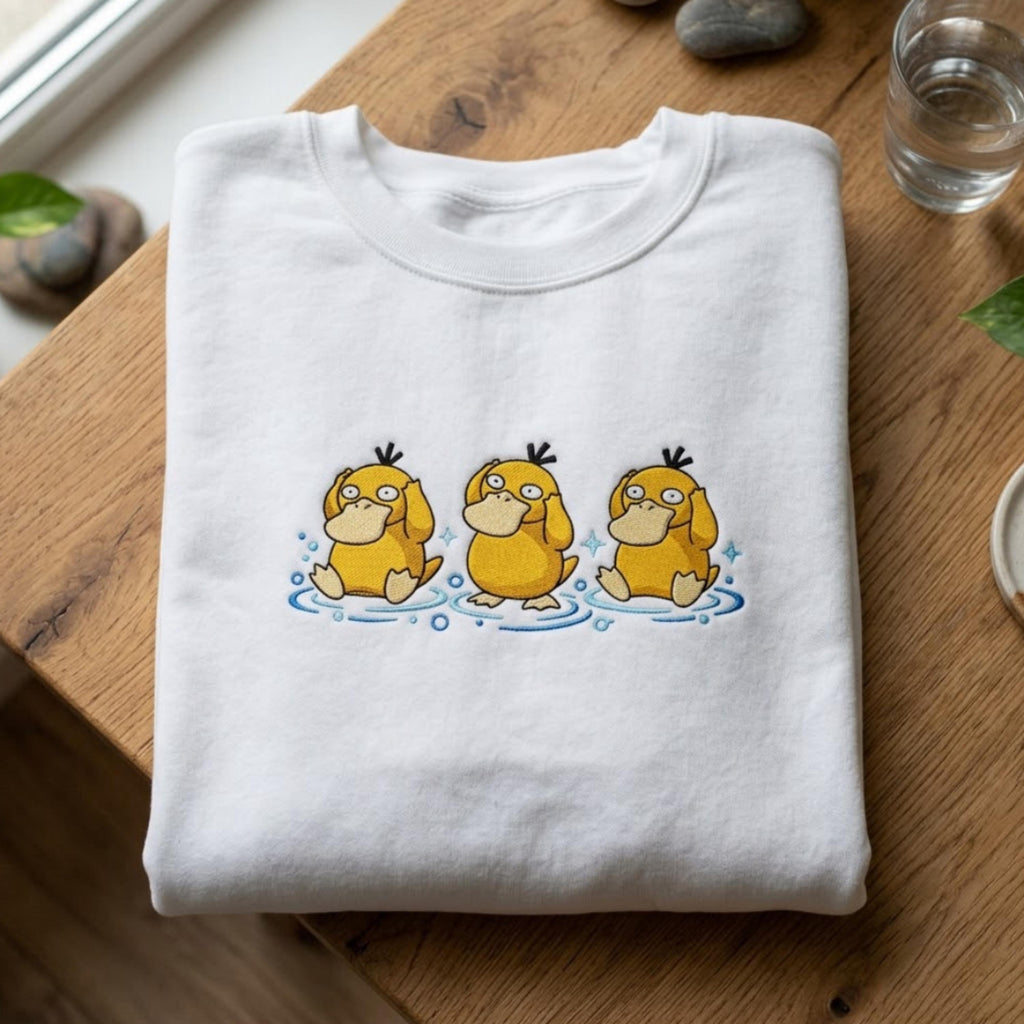 Psyduck Embroidered Sweatshirt, Cute Poke Crewneck, Kawaii Anime Embroidery Shirt, PKM T-shirt, Gamer Gift, Pastel Aesthetic