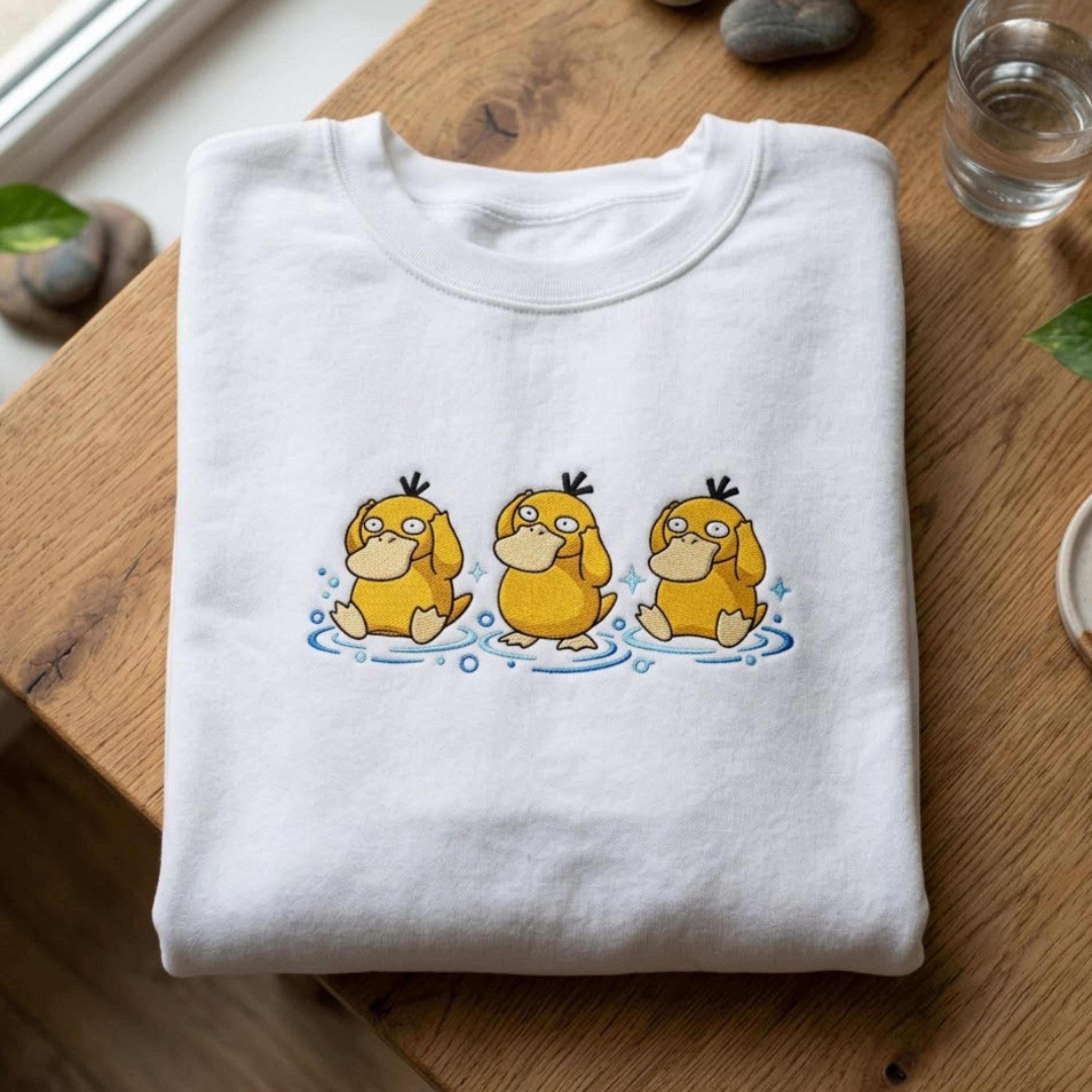 Psyduck Embroidered Sweatshirt, Cute Poke Crewneck, Kawaii Anime Embroidery Shirt, PKM T-shirt, Gamer Gift, Pastel Aesthetic