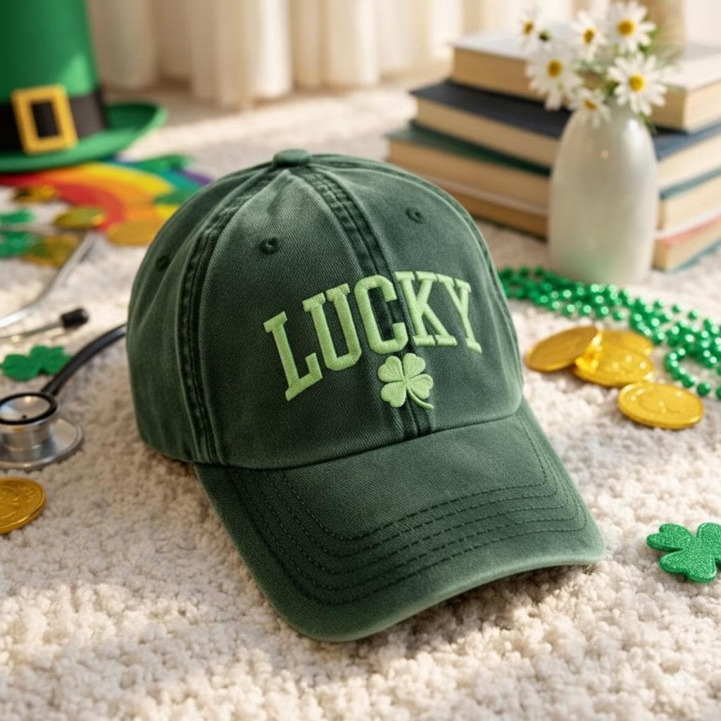 Lucky Embroidered Baseball Cap, St Patrick’s Day Hat, Shamrock Clover Hat, Lucky Green Cap, Irish Gift, Minimal Embroidery Cap