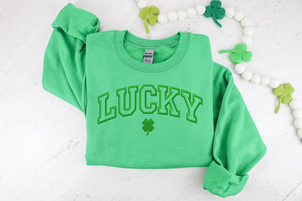 Embroidered Lucky Sweatshirt, Saint Patrick’s Day Crewneck, Green Lucky Sweatshirt for Women, Cozy Irish Holiday Pullover