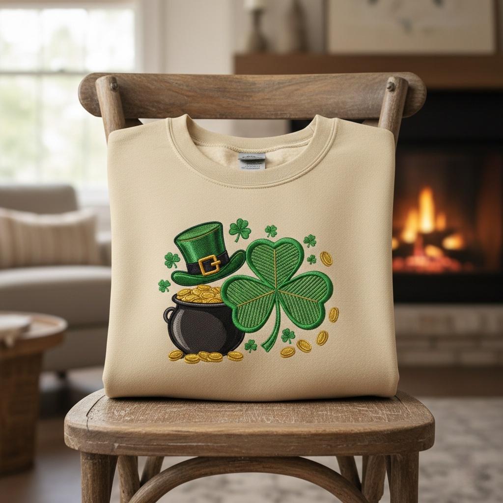 St Patrick’s Day Shamrock Embroidered Sweatshirt, Leprechaun Hat Pot of Gold Clover Crewneck