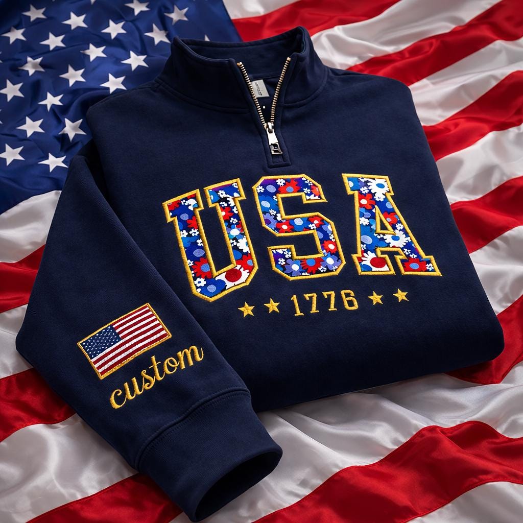 Embroidered USA Floral Crewneck Quarter Zip Sweater – Custom Sleeve American Pride Sweater, America 250th Anniversary, Independence Day Gift