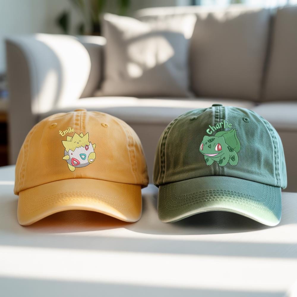 Embroidered Custom PKM Washed Hat, Custom Name Baseball Washed Cap, Personalized Gift For Anime Fan, Pocket Beast Baseball Cap