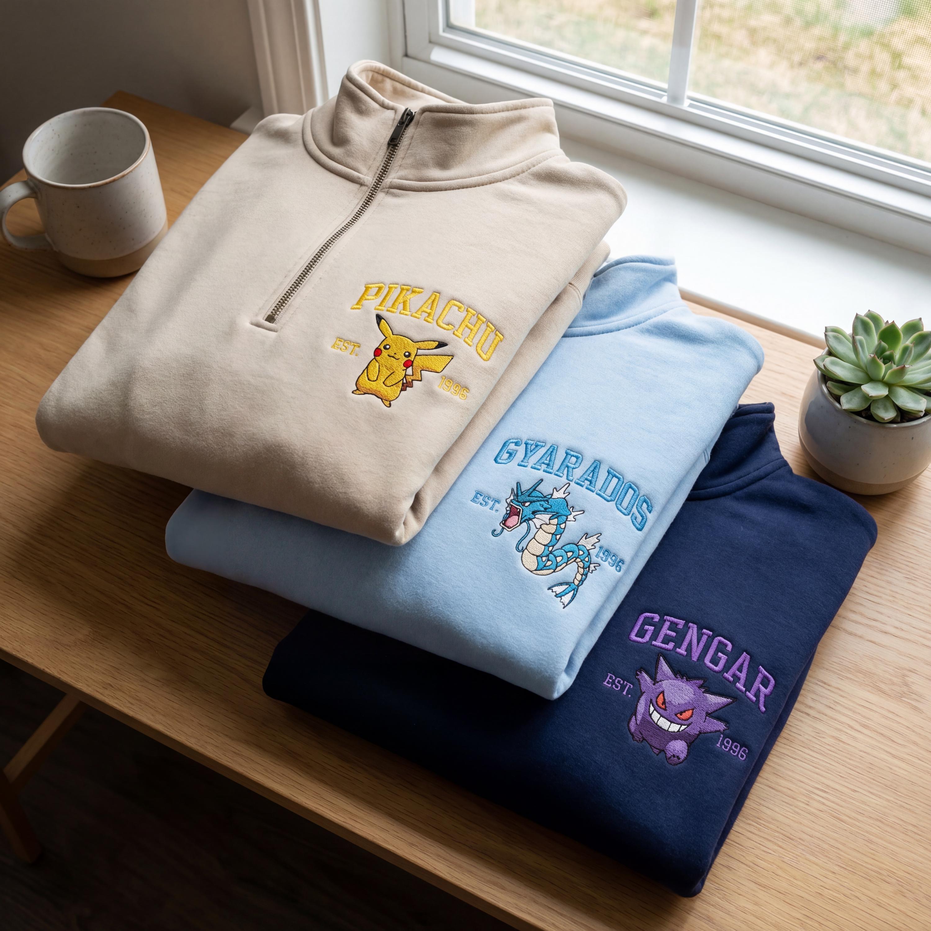 Custom Poke Anime Embroidered Quarter Zip Sweatshirt, Personalized Character Sweater, Gift for Her & Him