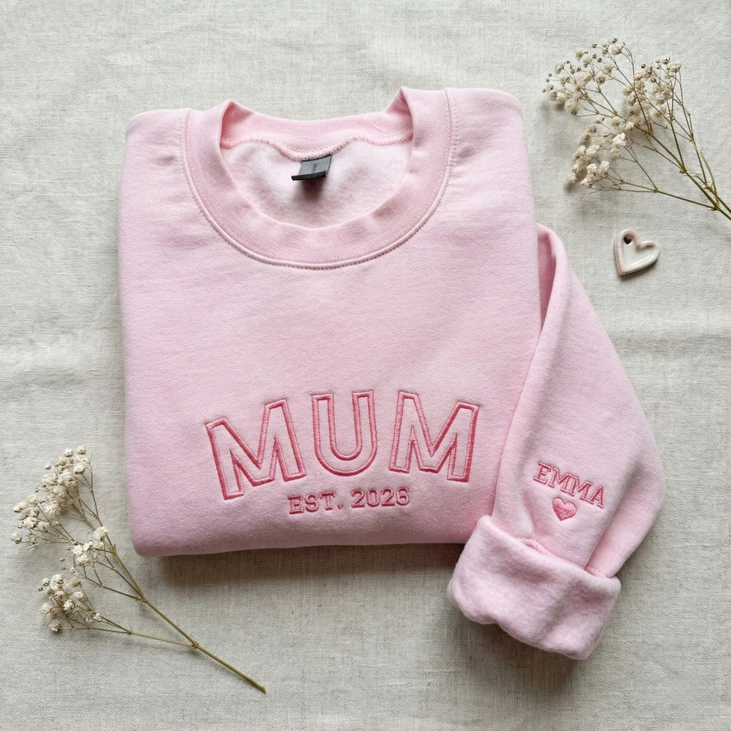 Mothers Day Embroidered Hoodie and Sweatshirt, Special Font, Sleeve Name/Date, Gift for Mama
