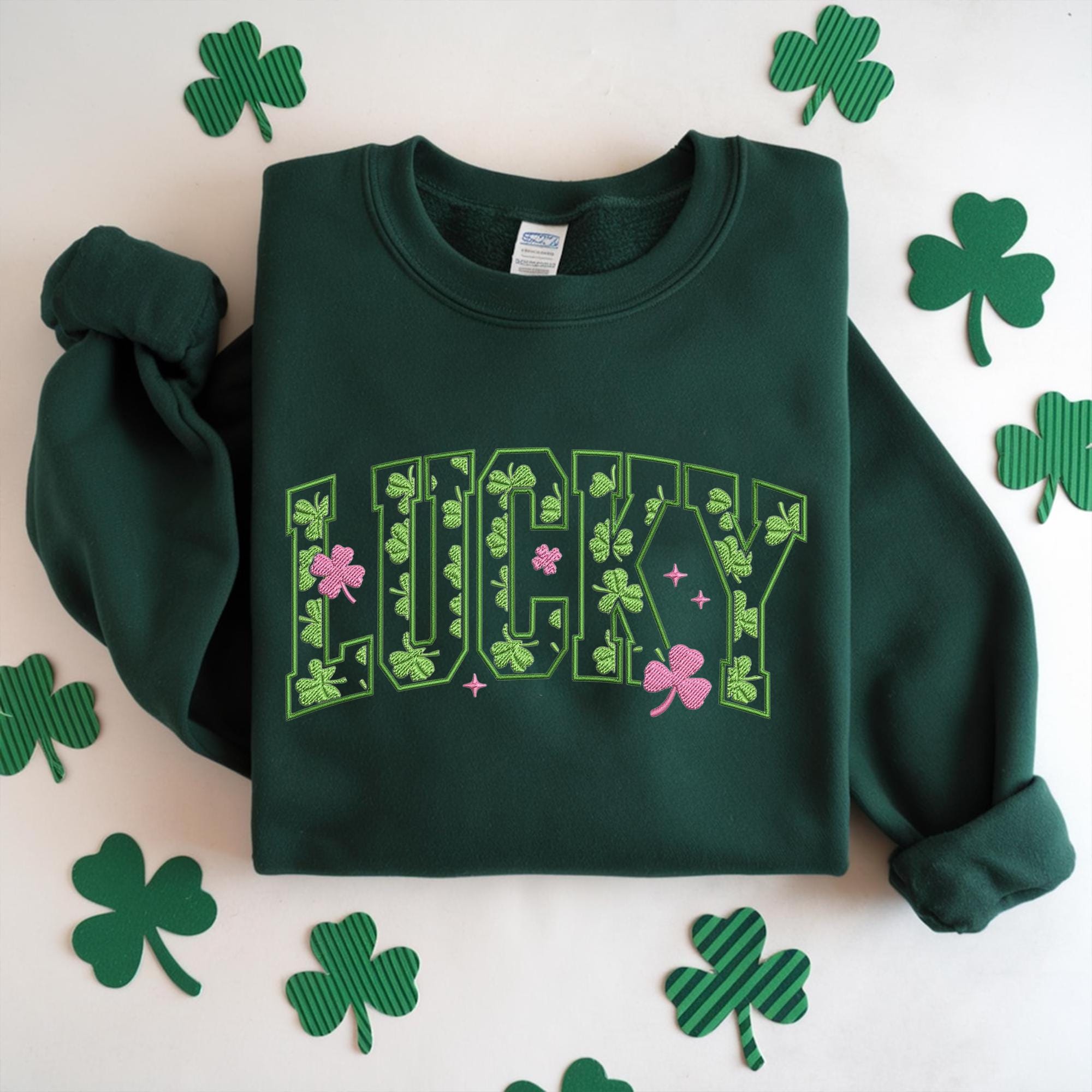 Embroidered Lucky Sweatshirt, Cute St. Patrick’s Day Sweatshirt, Women’s Shamrock Irish Crewneck, Festive Green Outfit