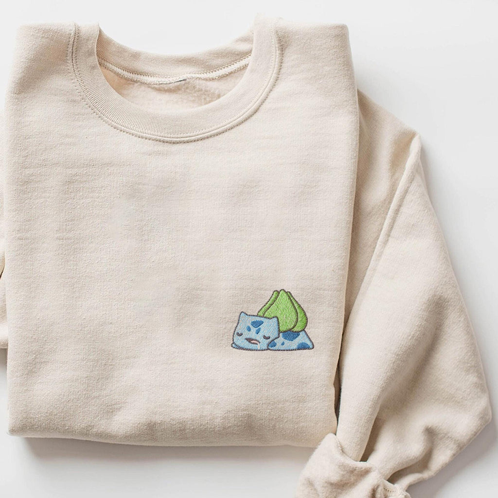 Bulbasaur Embroidered Sweatshirt, Cute Pokemon Hoodie, Sleeping Bulbasaur Shirt, Anime Crewneck, Small Chest Embroidery, Pokemon Fan Gift