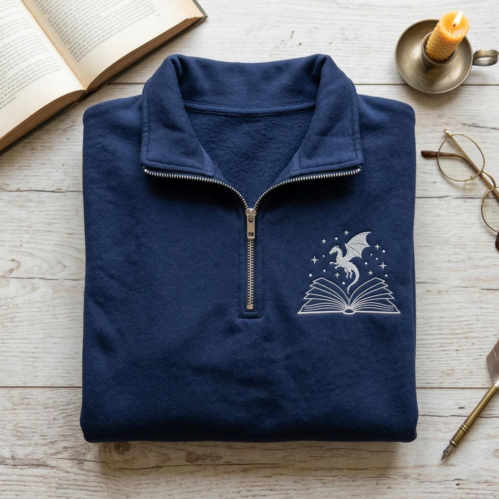 Fourth Wing Bookish Quarter Zip Sweatshirt, Embroidered Xaden Riorson Dragon Rider Shirt