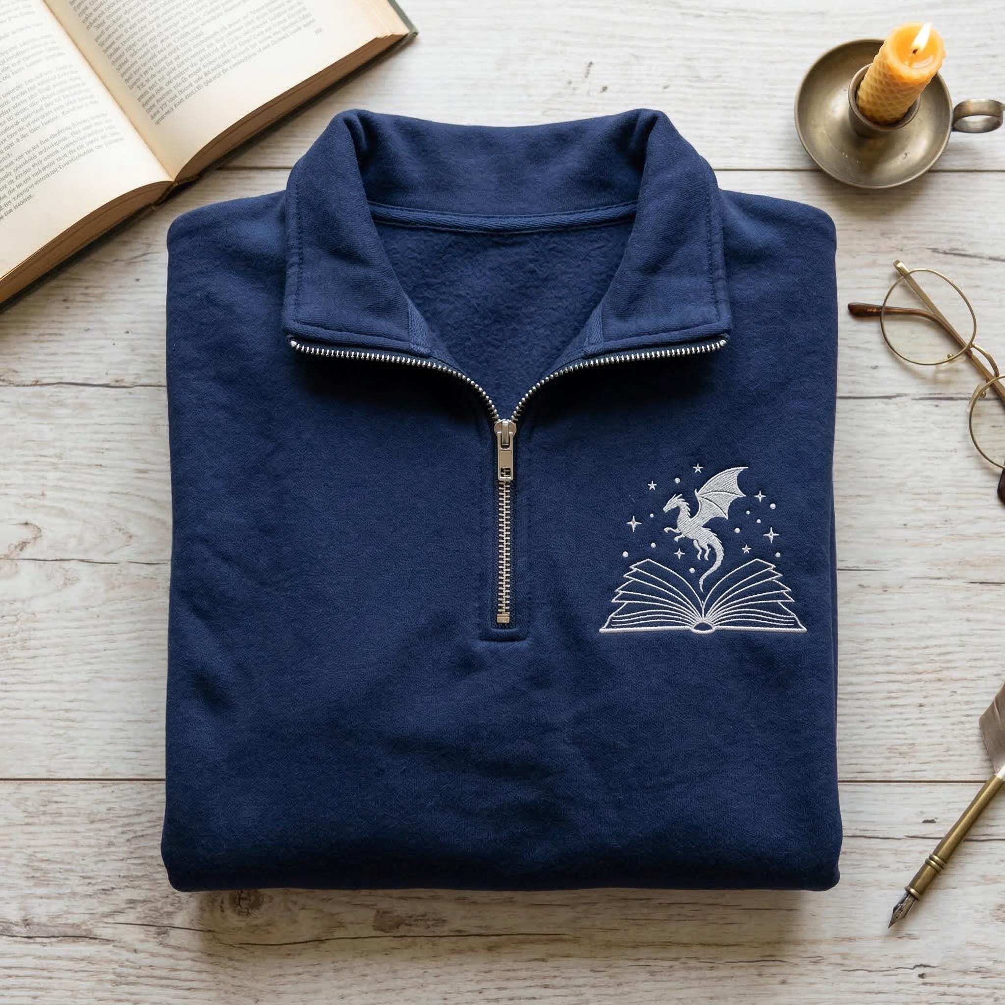 Fourth Wing Bookish Quarter Zip Sweatshirt, Embroidered Xaden Riorson Dragon Rider Shirt