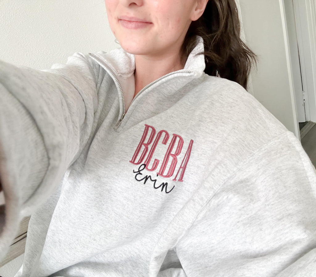 Custom Credential Embroidered Quarter Zip - Therapist Sweater - Personalized Name Sweater - Behavior Analyst Sweater - Healthcare Sweater