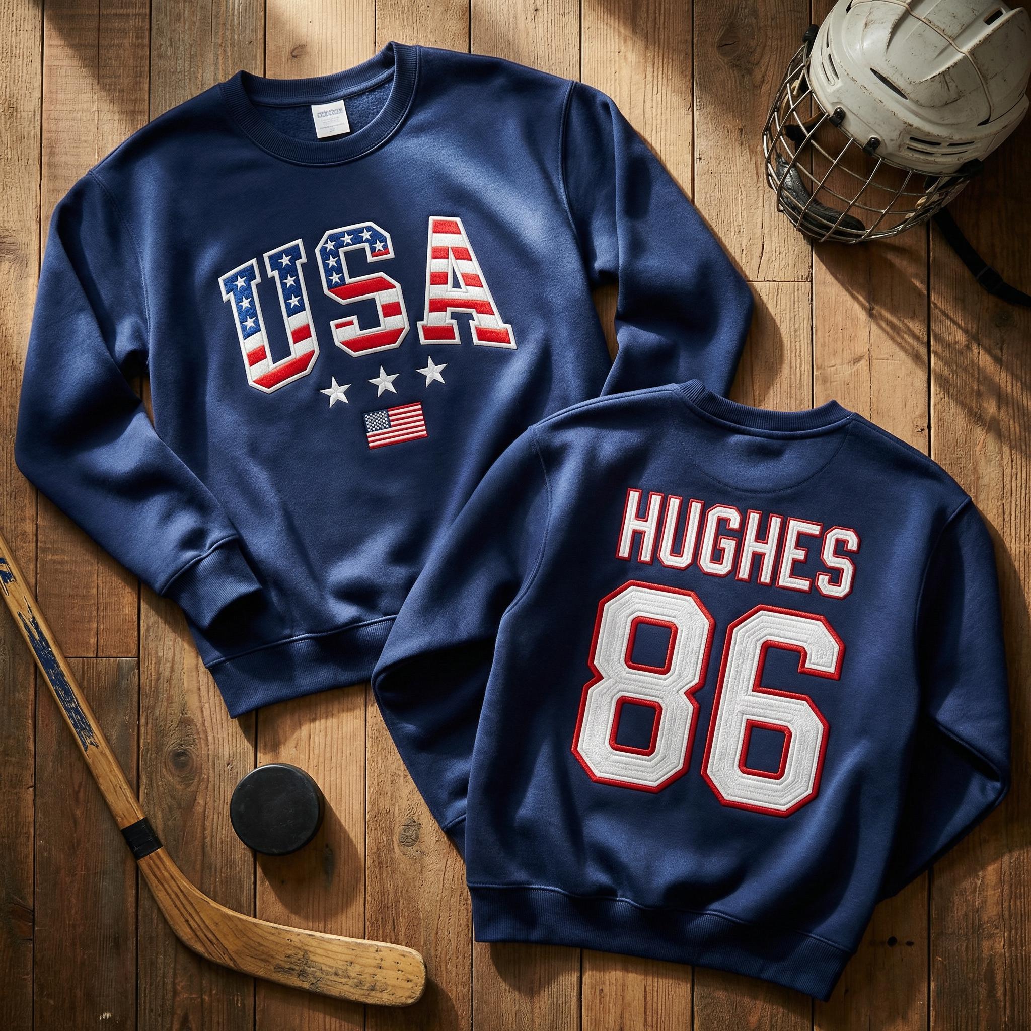 USA Hockey #86 Embroidered Sweatshirt, Jack Hughes Inspired USA Gold Medal Crewneck, Patriotic Hockey Fan Gift