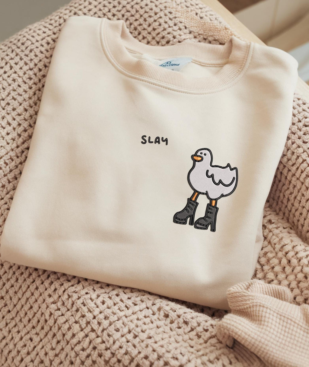 Embroidered Slay Duck Sweatshirt, Funny Duck Crewneck, Cute Monochrome Gift for Her