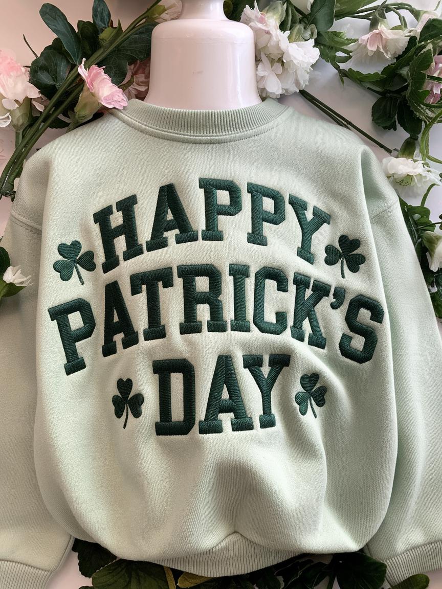 Embroidered Happy St. Patrick’s Day Toddler Sweatshirt – Cute Irish Shamrock Crewneck for Kids