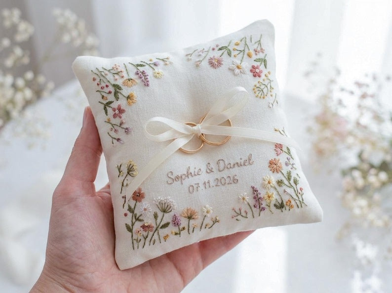 Personalized Embroidered Floral Wedding Ring Bearer Pillow, Custom Name & Wedding Date Ring Pillow, Romantic Wedding Ceremony Keepsake Gift WPILLOW01