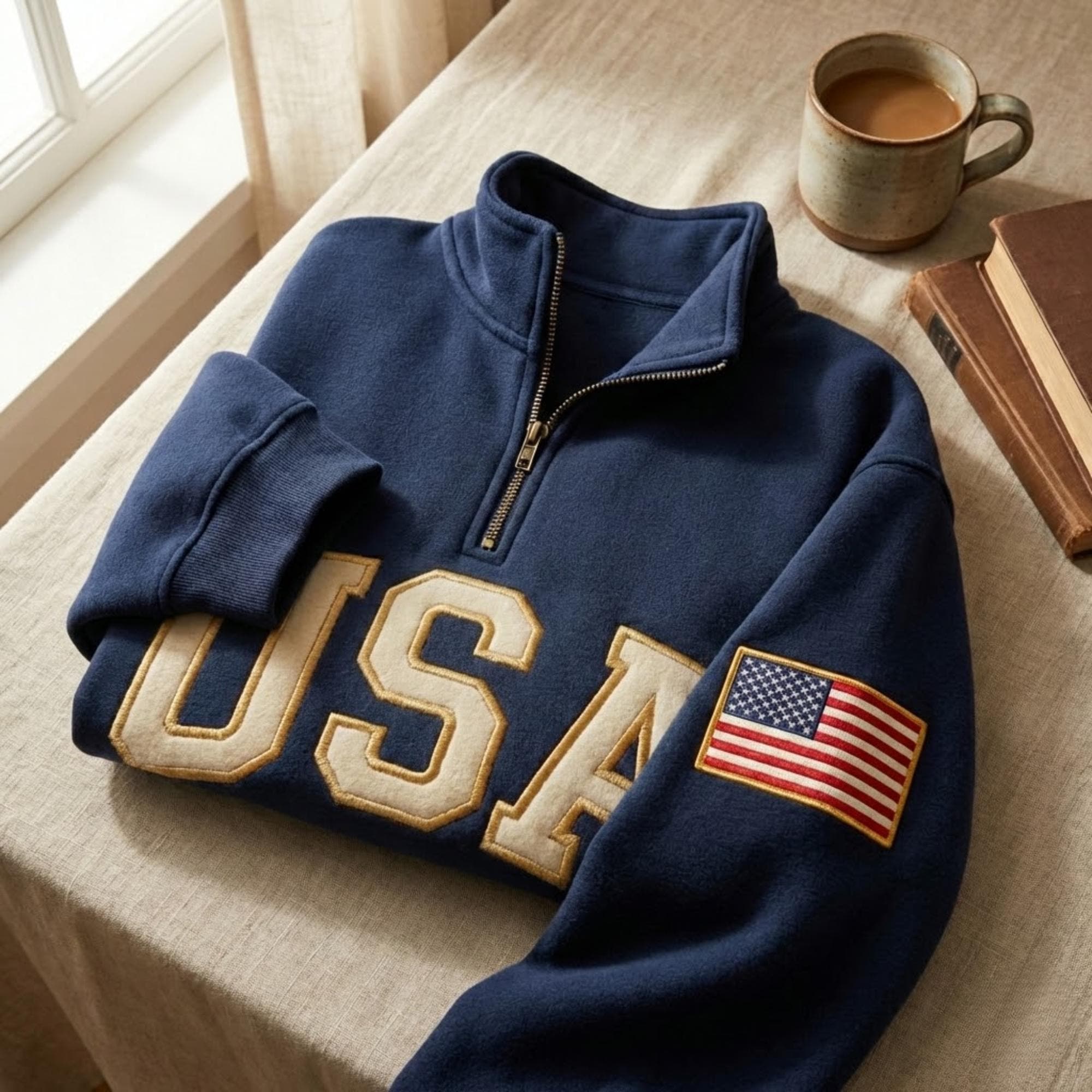 Embroidered USA 250 Years Quarter Zip Sweatshirt, Retro USA With Flag Shirt, USA Pride, Semiquincentennial Gif