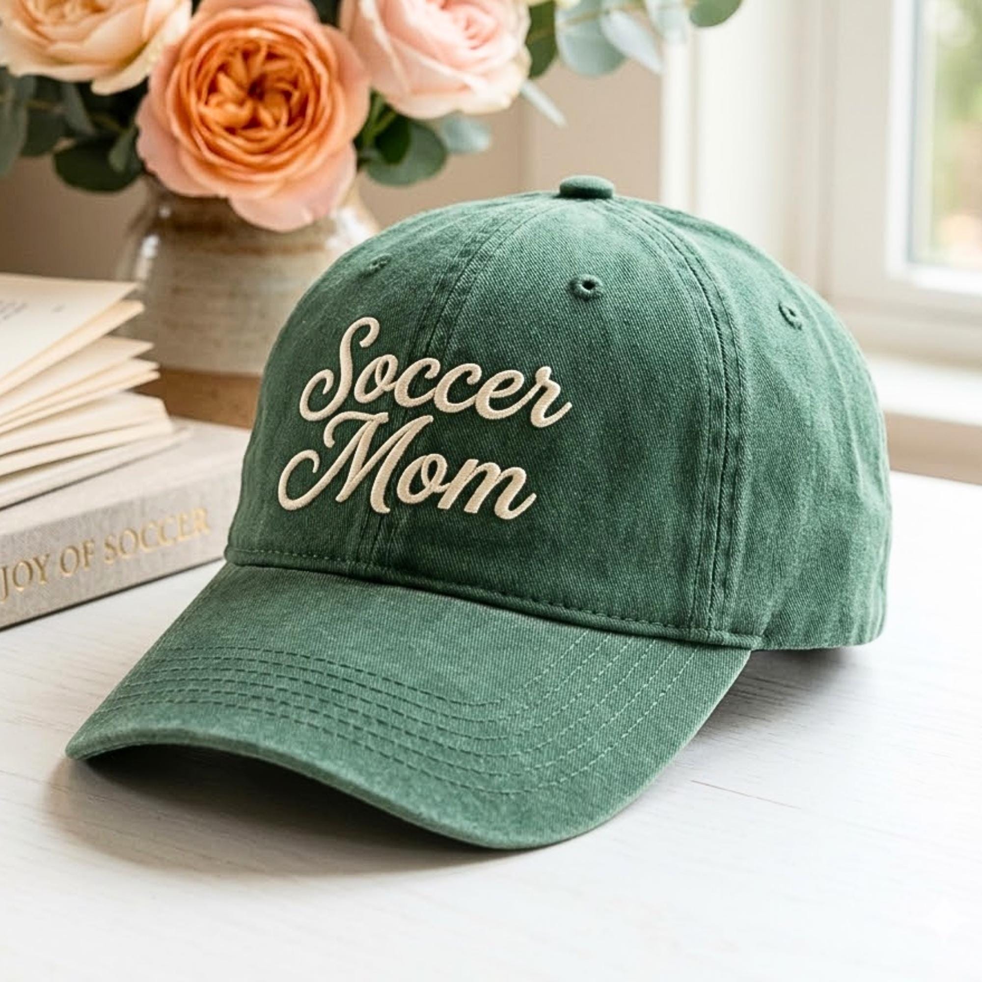 Soccer Mom Embroidered Washed Cotton Cap, Adjustable Strap Hat, Vintage Distressed Dad Hat, Sports Mom Gift
