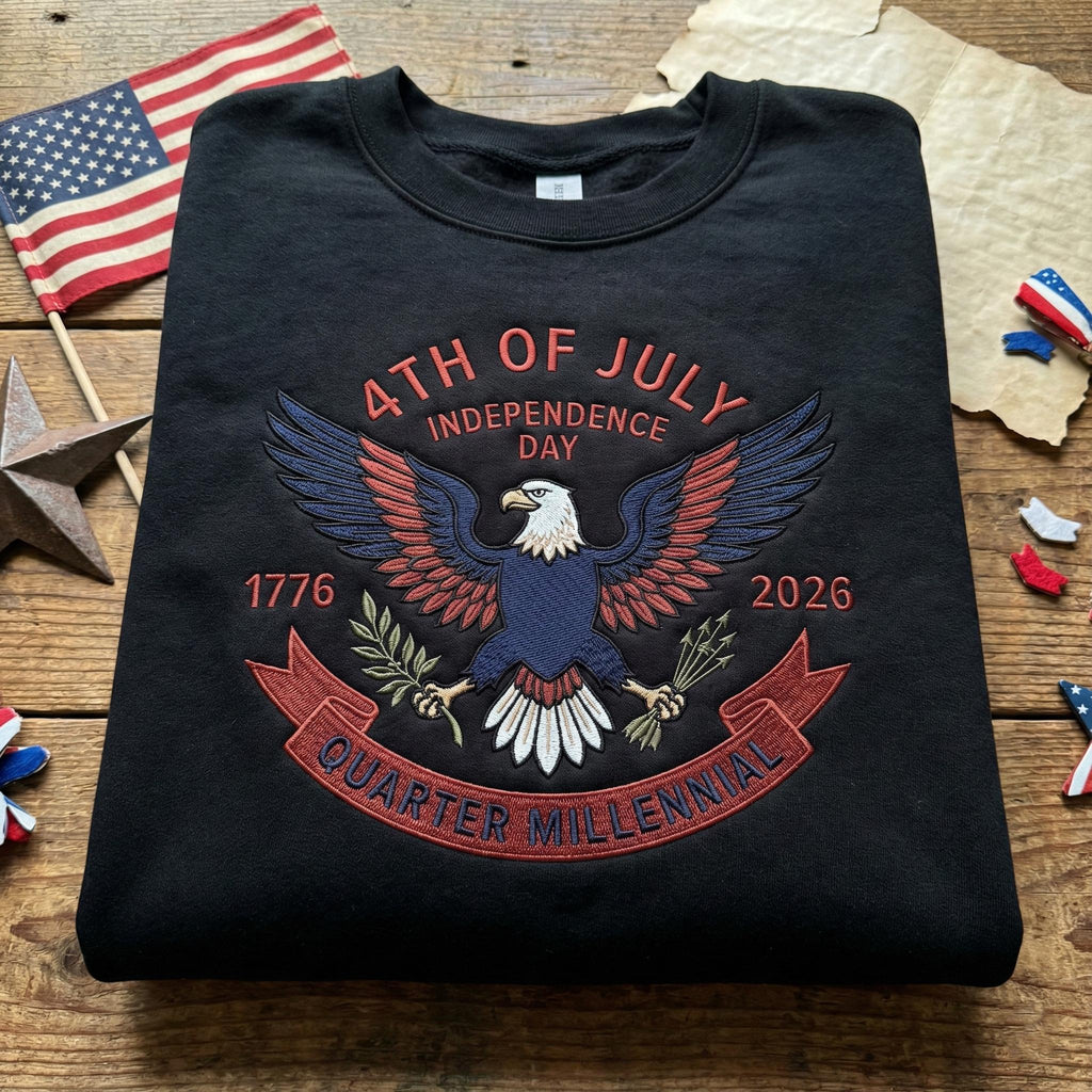 Embroidered Quarter Millennial Sweatshirt, USA 250th Anniversary Hoodie, 4th of July Independence Day Crewneck, Patriotic Eagle Top