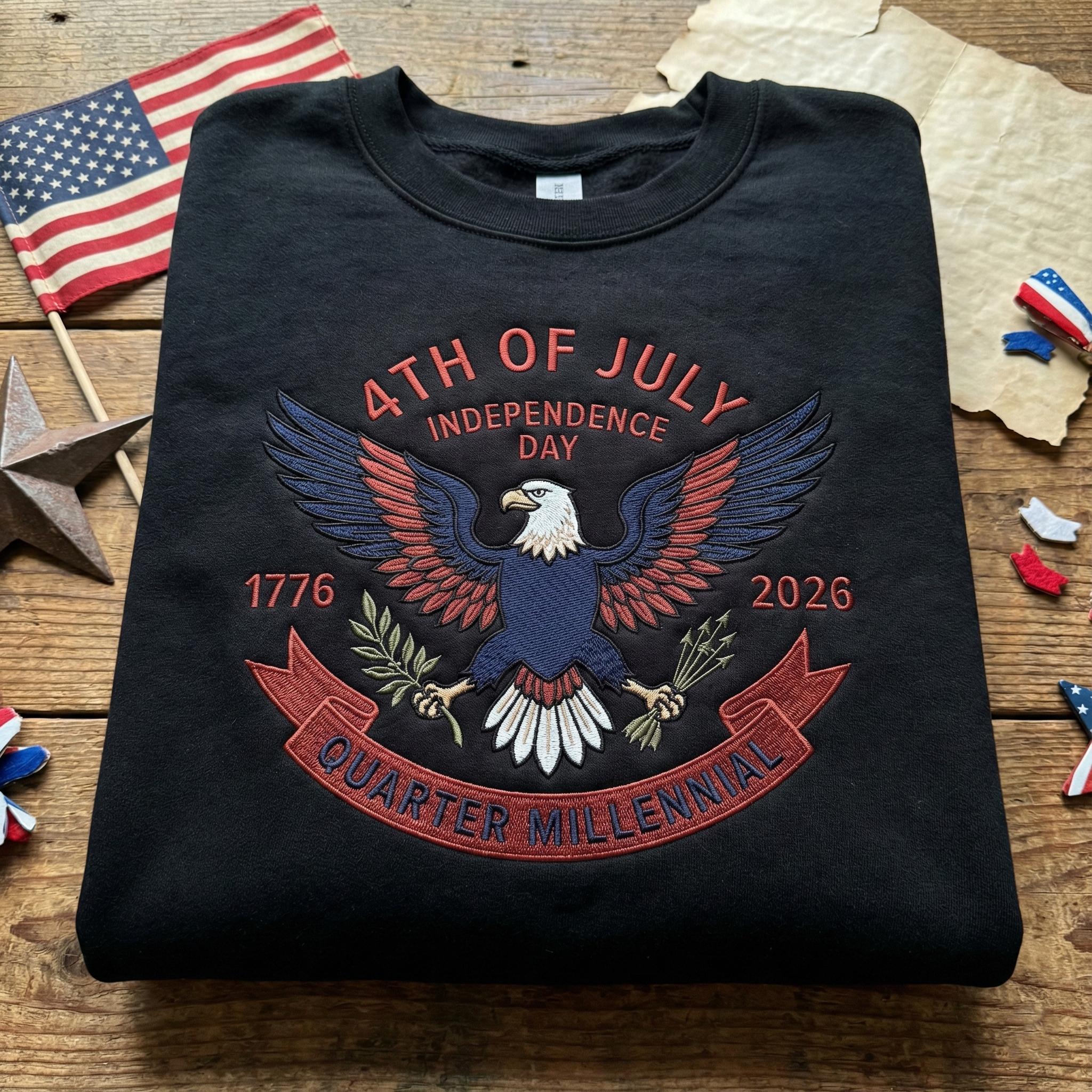 Embroidered Quarter Millennial Sweatshirt, USA 250th Anniversary Hoodie, 4th of July Independence Day Crewneck, Patriotic Eagle Top