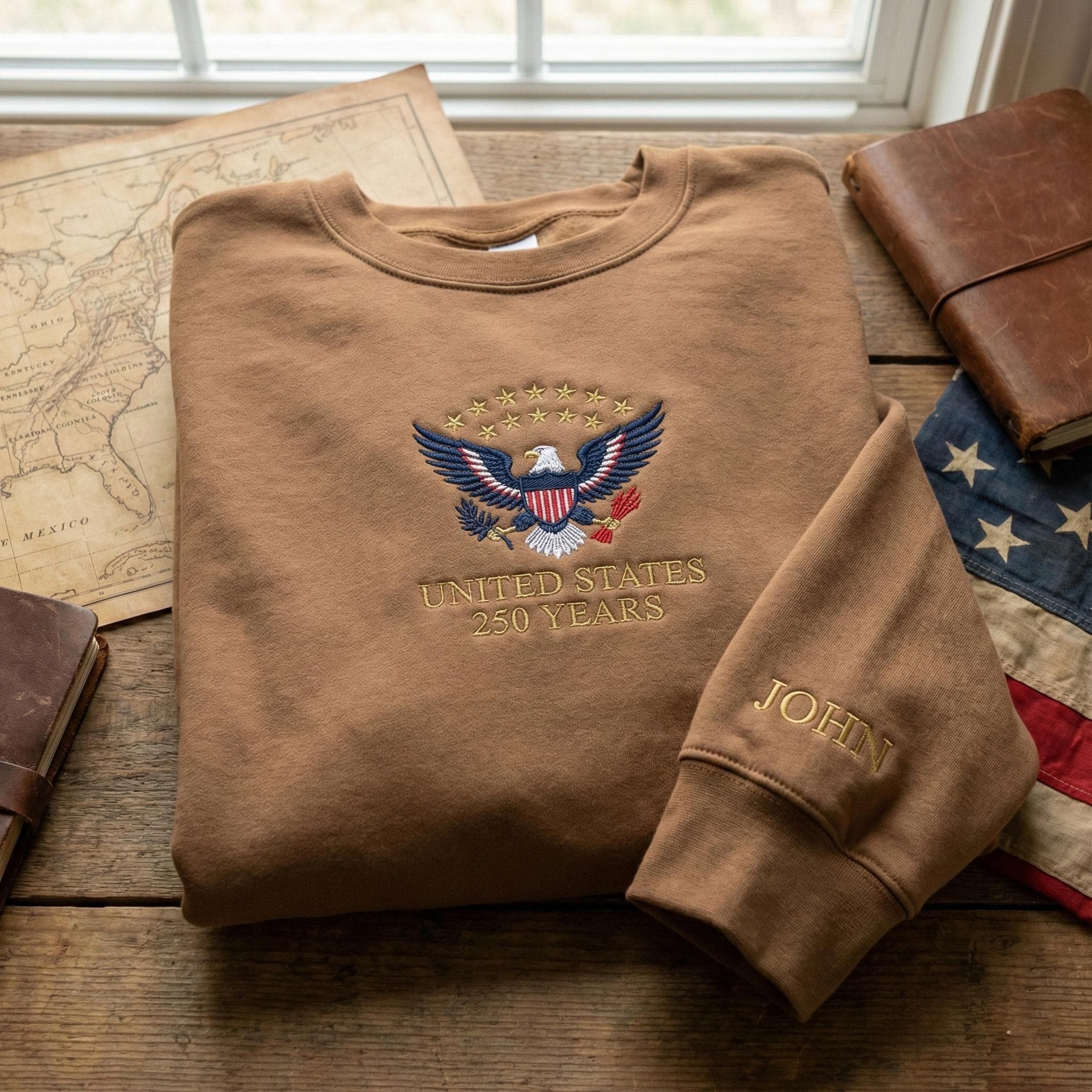 Custom Embroidered USA 250 Years Sweatshirt, Semiquincentennial Hoodie, American History Gift, Patriotic Crewneck, Personalized Sleeve