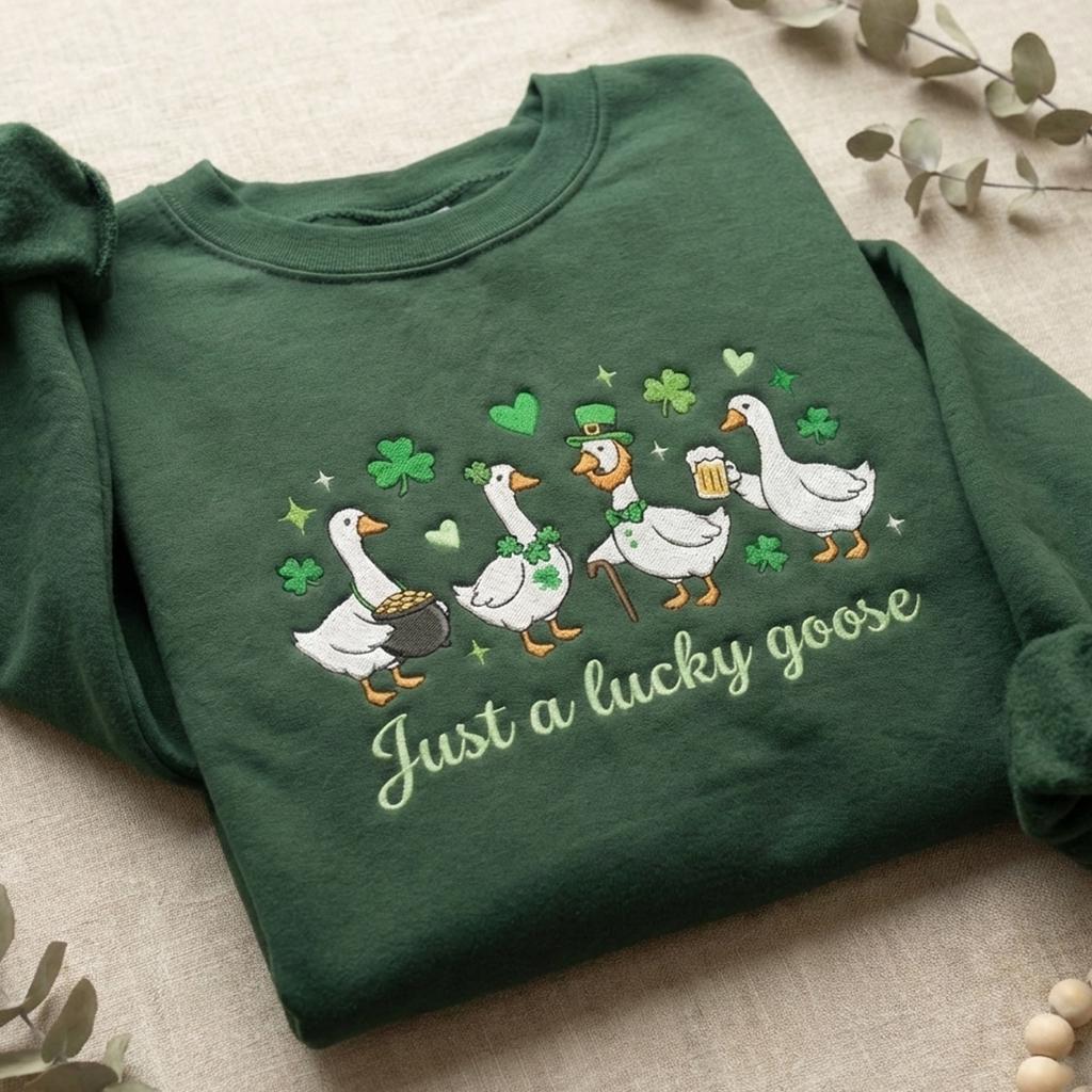 St. Patrick’s Goose Shirt – Irish Lucky Day Goose Embroidered Shirt, Just a Lucky Goose Tee, St. Patrick’s Day Gift