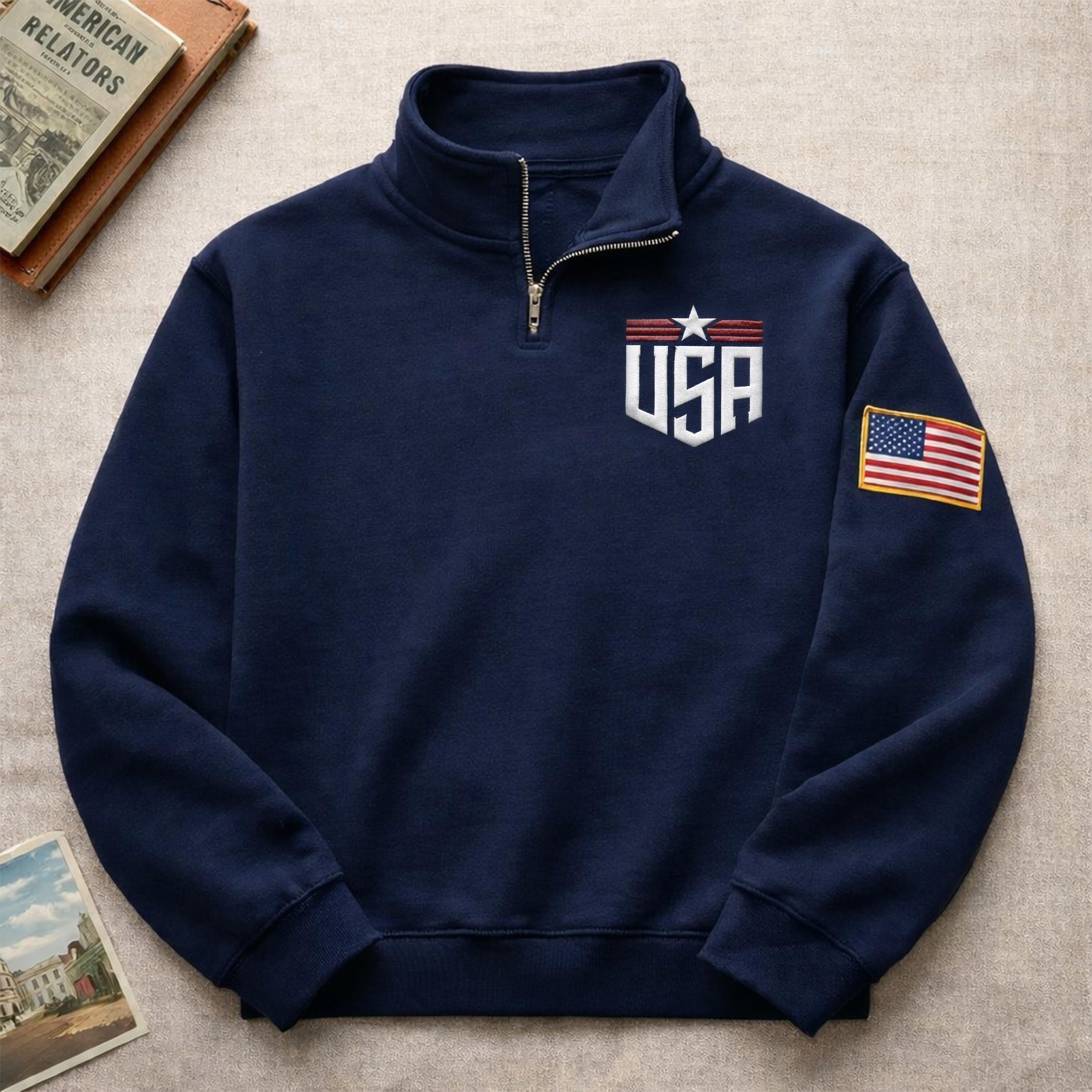 USA Embroidered Quarter Zip Sweatshirt, Patriotic Pullover with American Flag Sleeve, USA Half Zip Sweater for Men Women