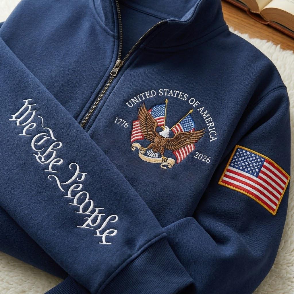Embroidered USA Anniversary Quarter Zip Sweatshirt, We The People Crewneck, USA Flag Patch Shirt, Patriotic Gift