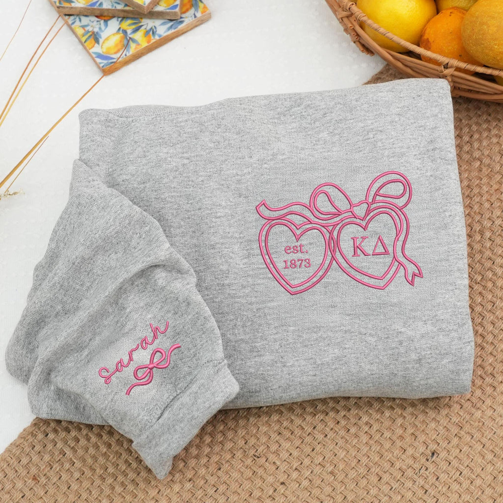 Custom Coquette Bow And Locket Personalized Embroidered Crew Neck Sweatshirt - Gifts for Her - Greek Sorority Gift Basket Big Little Reveal