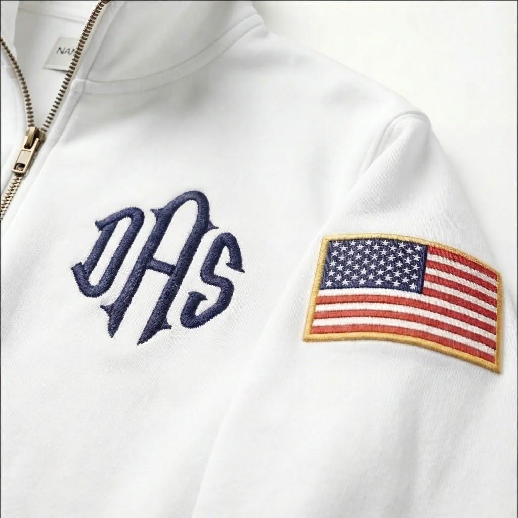 Personalize your J.E.E Epstein 1/4 zip-up sweatshirt with embroidered name, personalize your sleeve flag, JEE monogram embroidered t-shirt