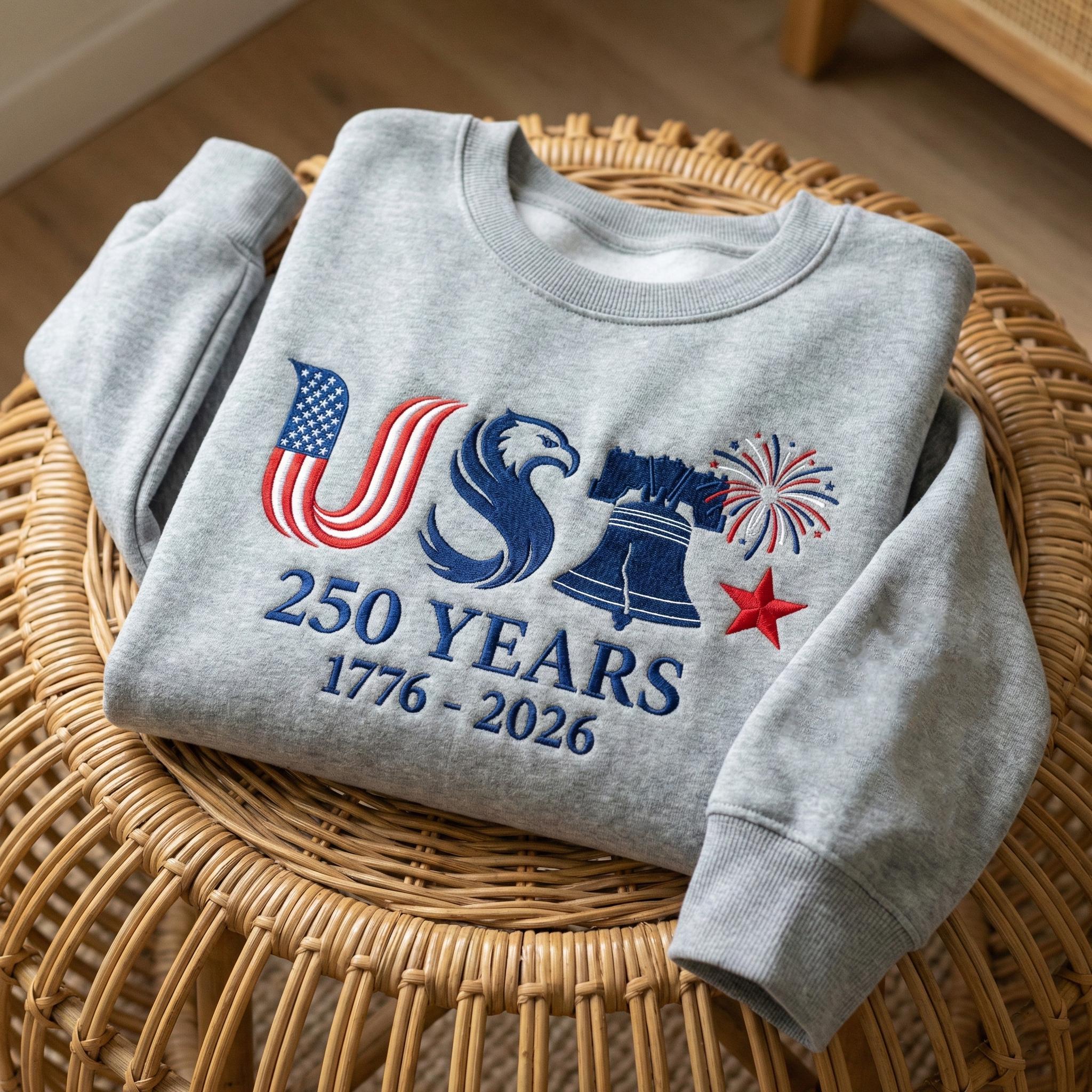 EMBROIDERED USA 250 Years Sweatshirt, American Independence Day Shirt, 1776–2026 Patriotic Crewneck, Liberty Bell Eagle Fourth of July Gift