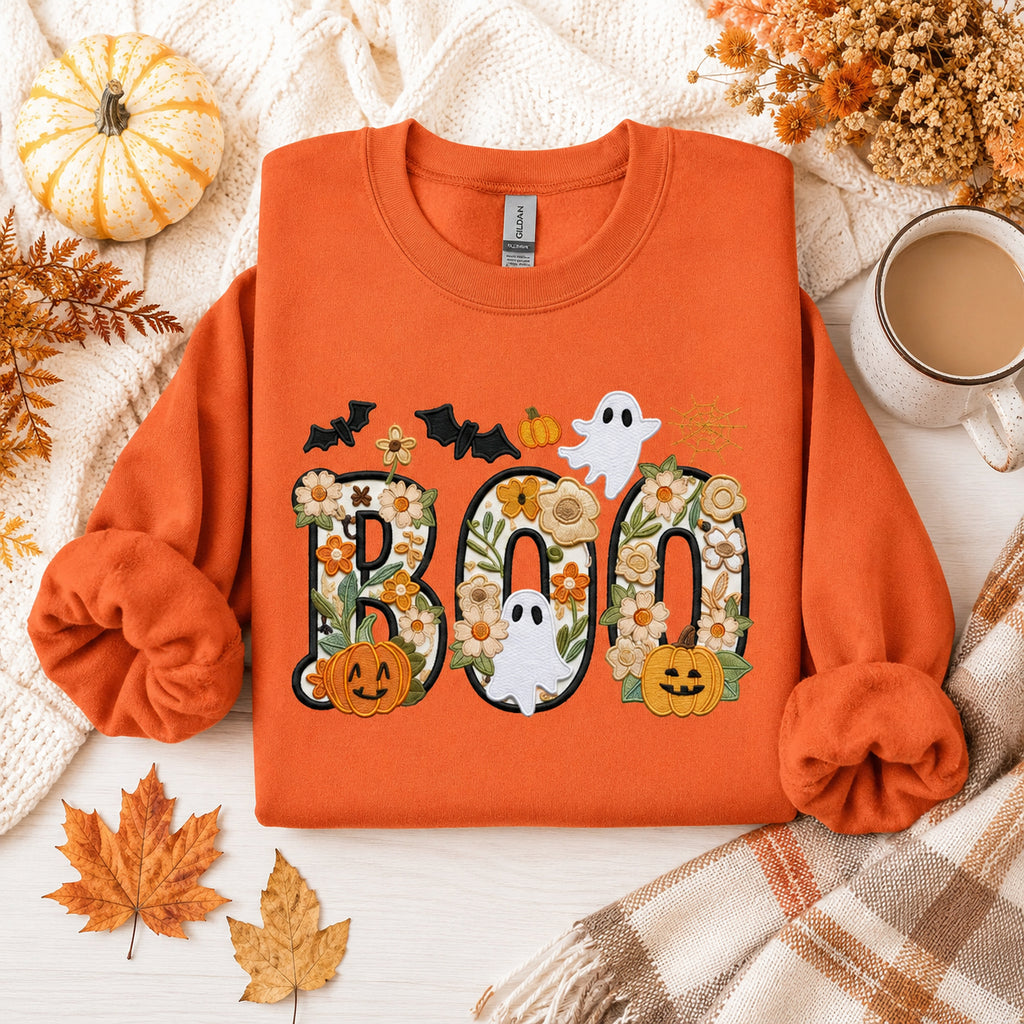 Floral Boo Halloween Shirt, Boo Sweatshirt, Embroidery Ghost Hoodie, Halloween Gift, Trending Halloween Family Clothing HLEM01