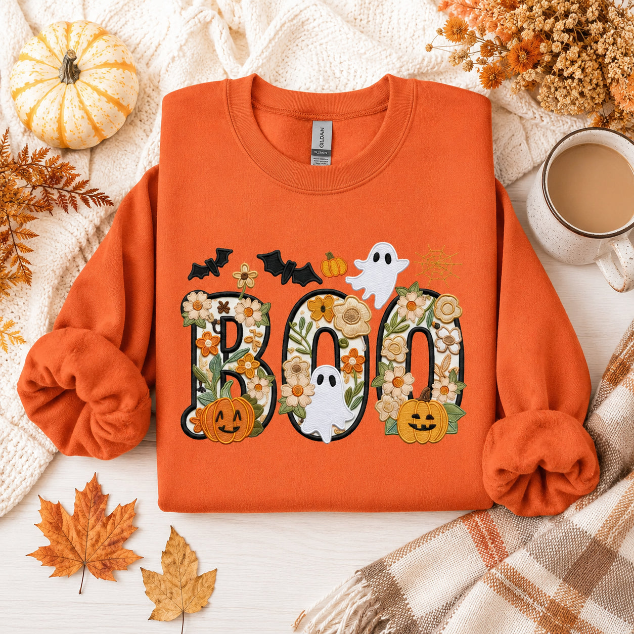 Floral Boo Halloween Shirt, Boo Sweatshirt, Embroidery Ghost Hoodie, Halloween Gift, Trending Halloween Family Clothing HLEM01