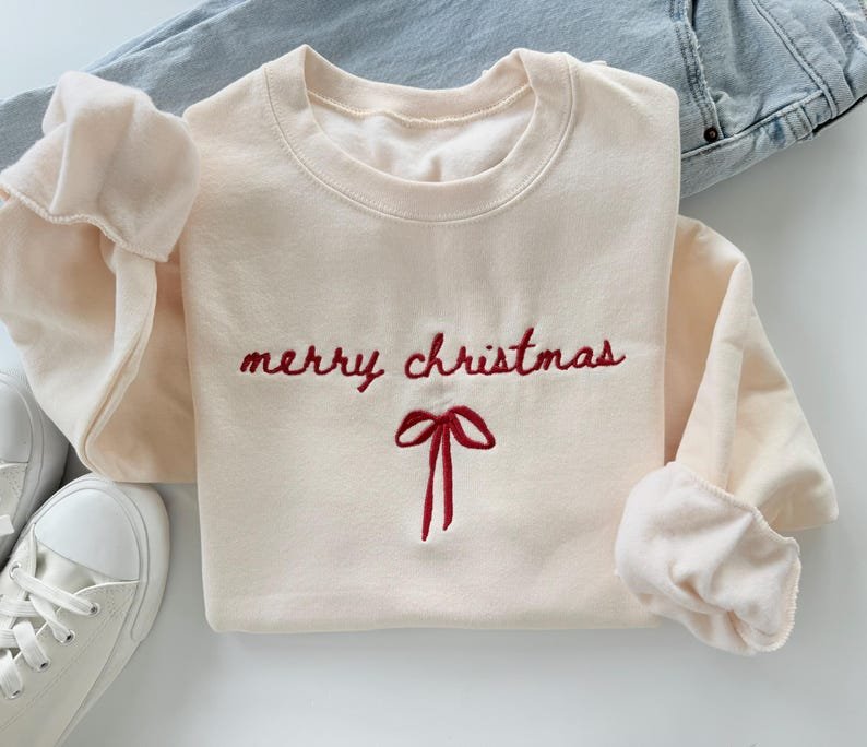Merry Christmas Bow Embroidered Sweatshirt, Xmas Bow Shirt, Christmas Shirt Gift XMASS01