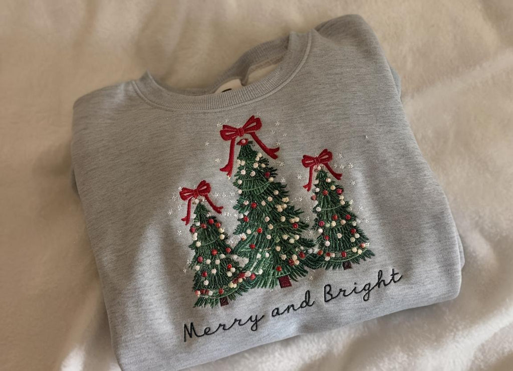 Merry and Bright Embroidered Sweatshirts, Holiday Sweater, Christmas Tree Sweater, Pine-tree Sweatshirt, Gingerbread, Piny Sweatshirt