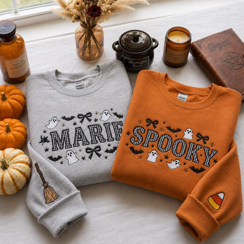 Personalized Halloween Embroidered Sweatshirt, Custom Letter Gingham Applique Shirt, Fall Autumn Crewneck, Spooky Season Gift HLNS01