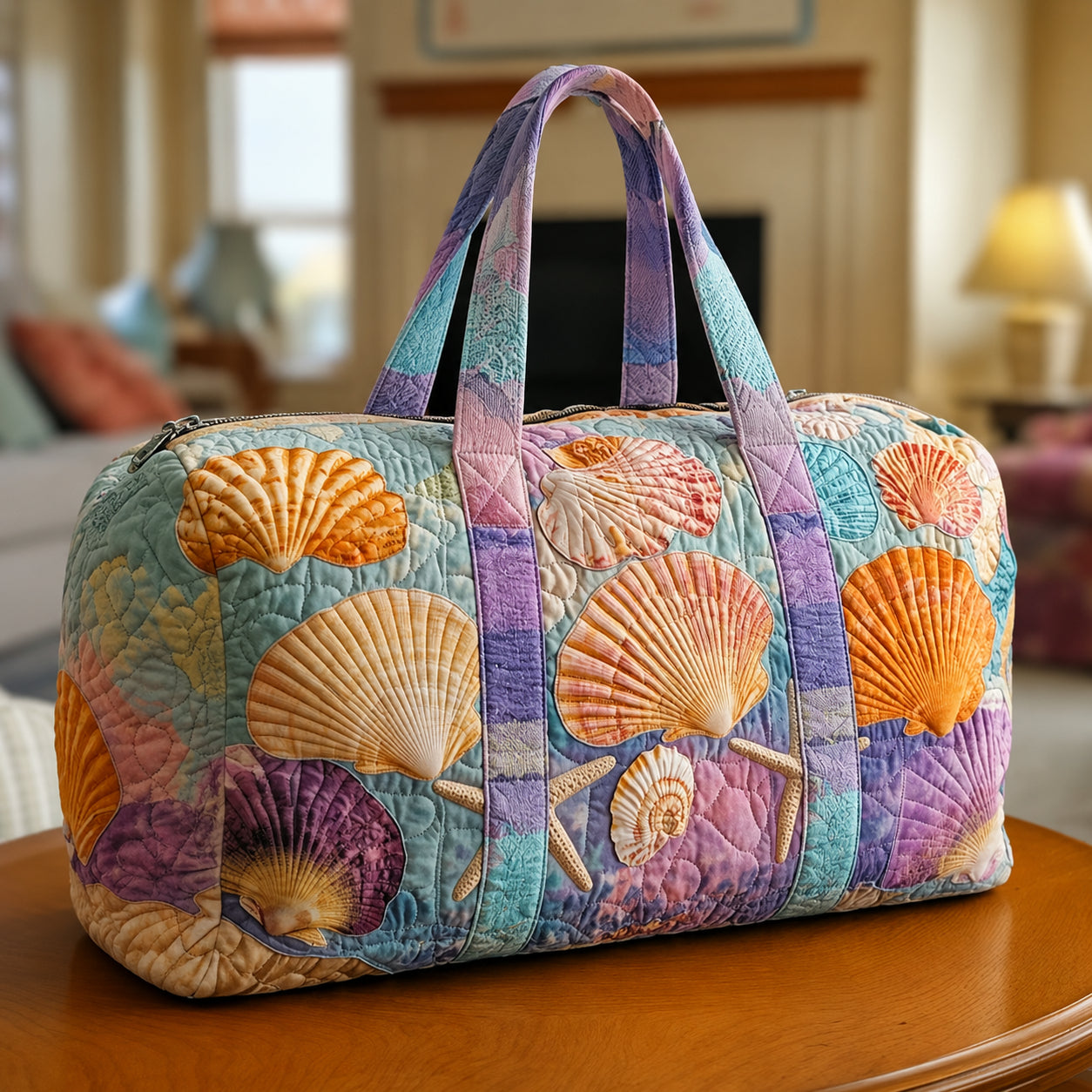 Seashells Quilted Duffle Bag, Sea Beach Duffle Bag, Quilted Travel Bag, Quilted Weekend Bag, Custom Bag Gift DFB01