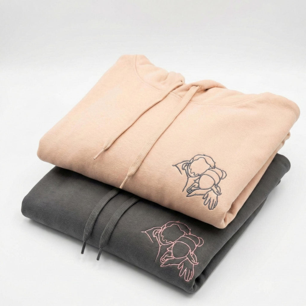 Custom Photo Embroidered Hoodie, Personalised Couple Sketch from Photo, Outline Drawing Embroidery Hoodies
