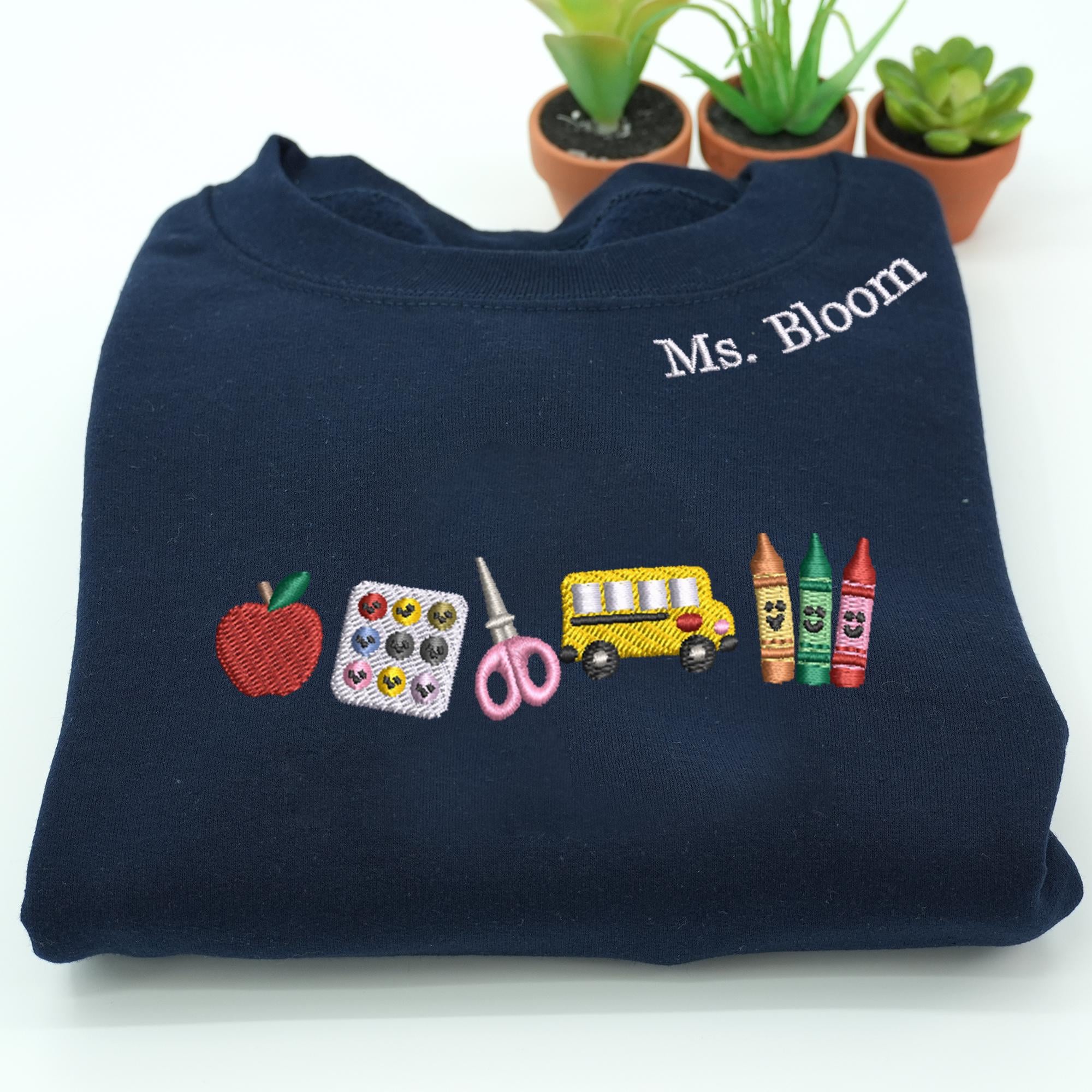 Personalized Apple Teacher Embroidered Sweatshirt, Custom Name Teacher Shirt, Back to School Gift, Classroom Apparel