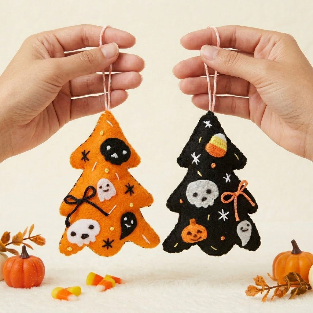 Set 2Pcs - Handmade Halloween Felt Tree Ornament, Cute Ghost Pumpkin Skull Hanging Decoration, Spooky Halloween Gift HFOR01