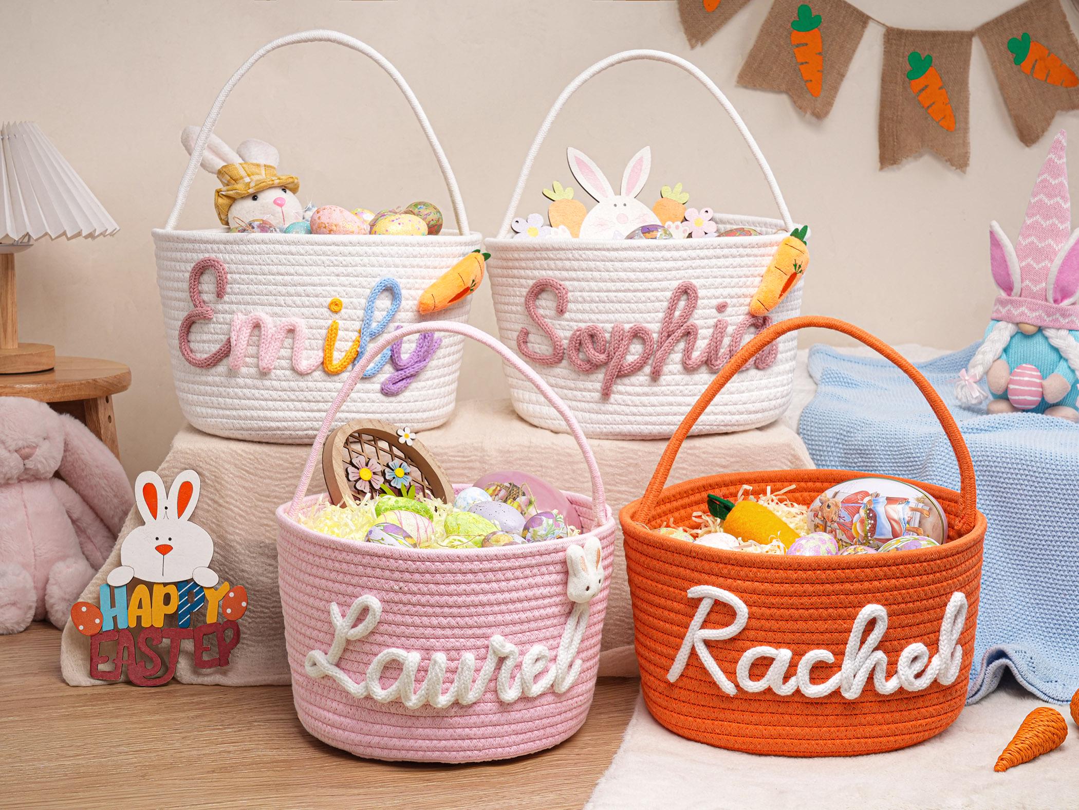 Personalized Easter Basket with Name, Handwoven Rope Basket, Easter Bunny Gift for Kids, Easter Egg Hunt Basket, Baby Shower Gift