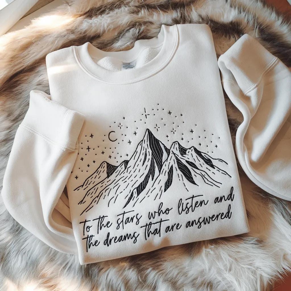 Embroidered To the Stars Who Listen Sweatshirt, ACOTAR Mountain Embroidery Sweater, Bookish Fantasy Pullover, Sarah J Maas Fan Gift