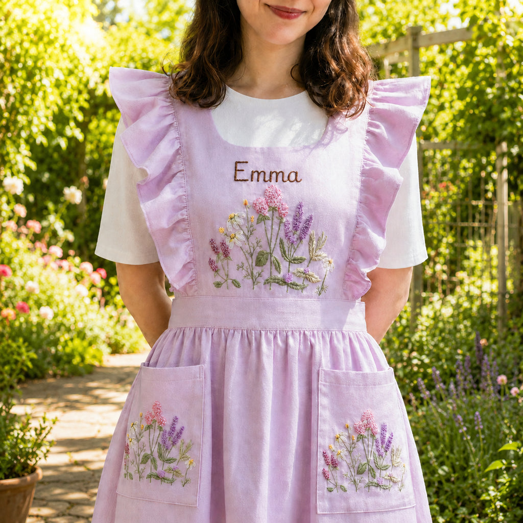 Personalized Hand-Embroidered Floral Apron, Custom Linen Apron, Kitchen Apron with Pockets, Baking Gift, Gift For Her, Mom Gift EMAP01