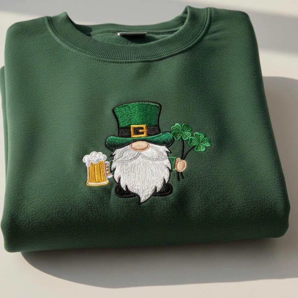 St. Patrick’s Day Gnome Embroidered Sweatshirt – Irish Gnome Shamrock Beer Hoodie, Lucky Patrick’s Day Gift