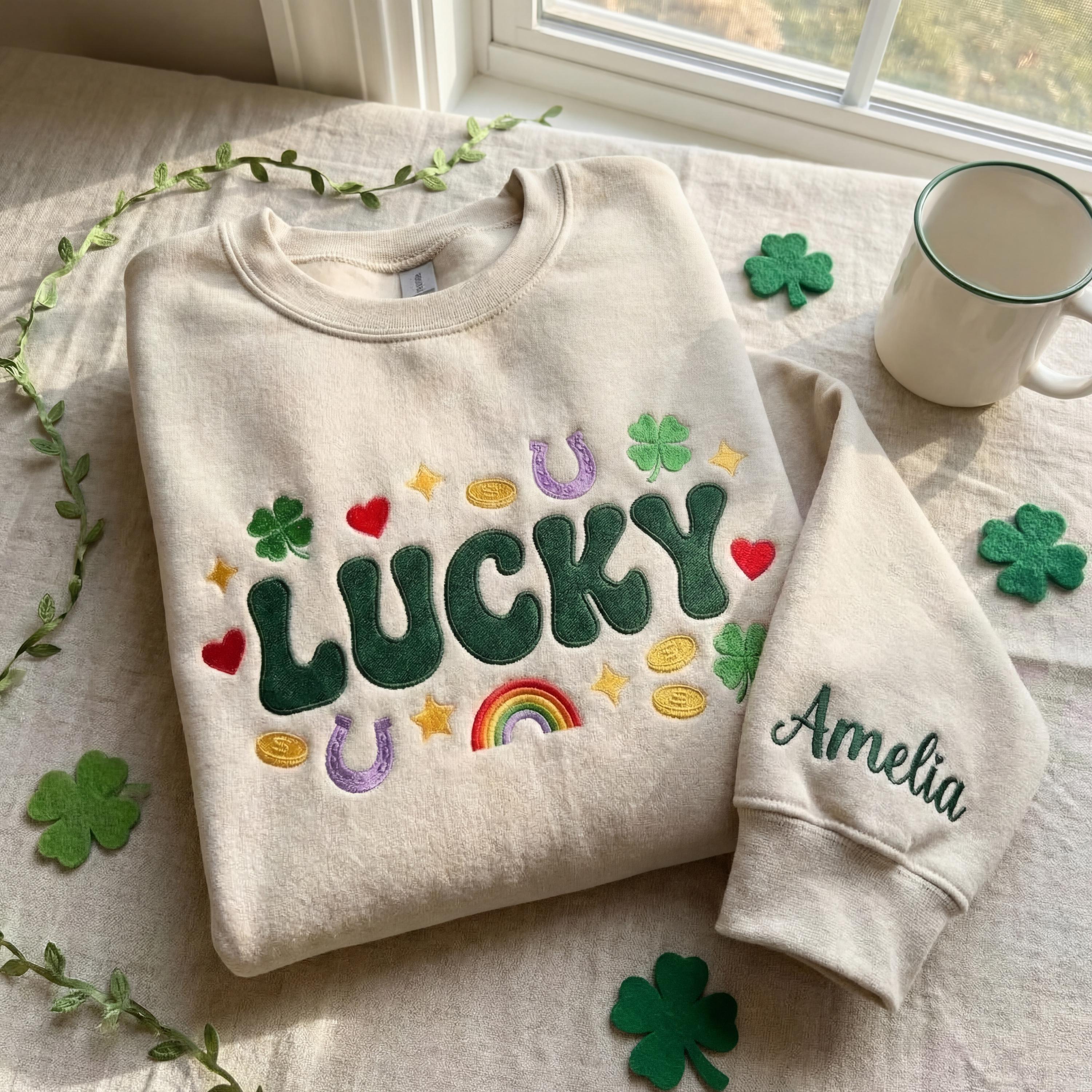 Lucky Charms Embroidered Sweatshirt – Irish Crewneck Mini Shamrocks St Patricks Day Shirt