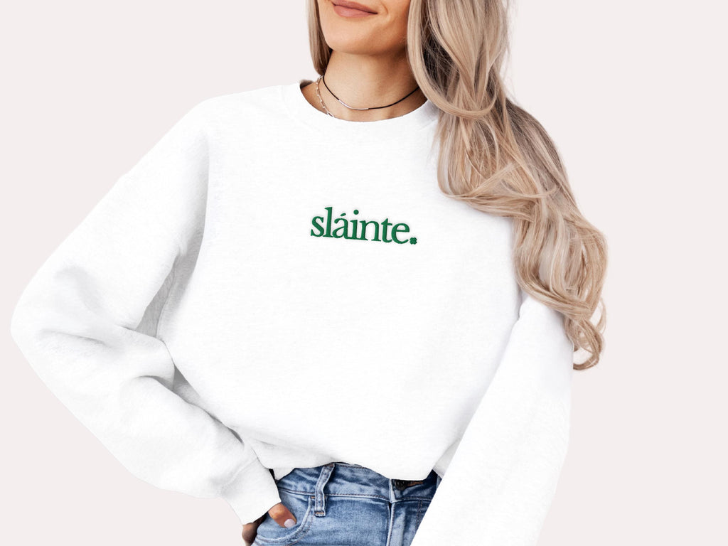 Minimalist Sláinte Embroidered Sweatshirt – St. Patrick’s Day Crewneck, Irish Shamrock Lucky Shirt, Irish Gift