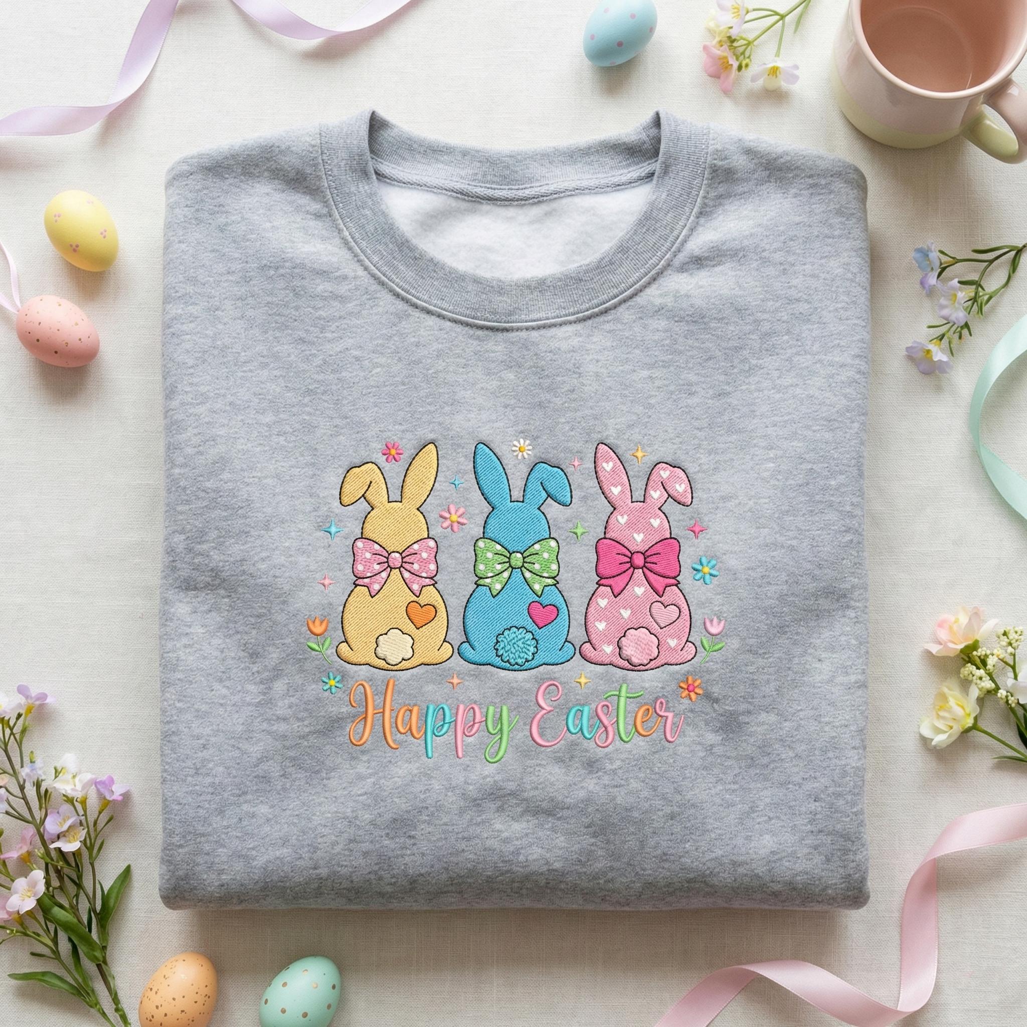 Embroidered Happy Easter Sweatshirt, Colorful Easter Bunny Hoodie, Spring Marshmallow Rabbit Shirt, Cute Pastel Holiday Apparel, Easter Gift
