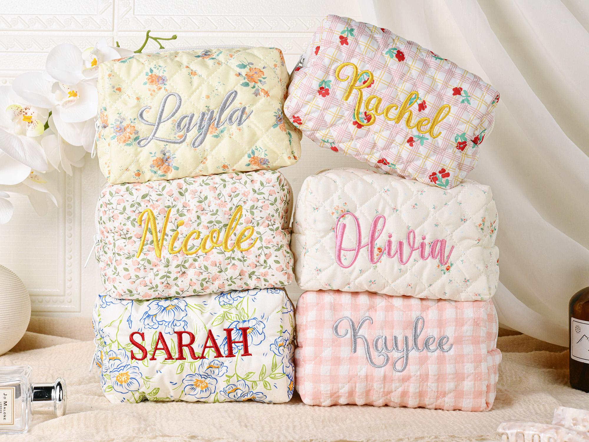 Personalized Embroidered Makeup Bag – Custom Floral Cosmetic Bag, Travel Makeup Pouch, Bridesmaid Gift for Her