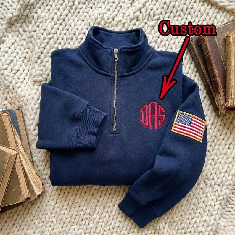 Personalized Embroidered J.E.E Quarter Zip Sweater, Pullover with Custom Chest Logo and USA Flag Sleeve