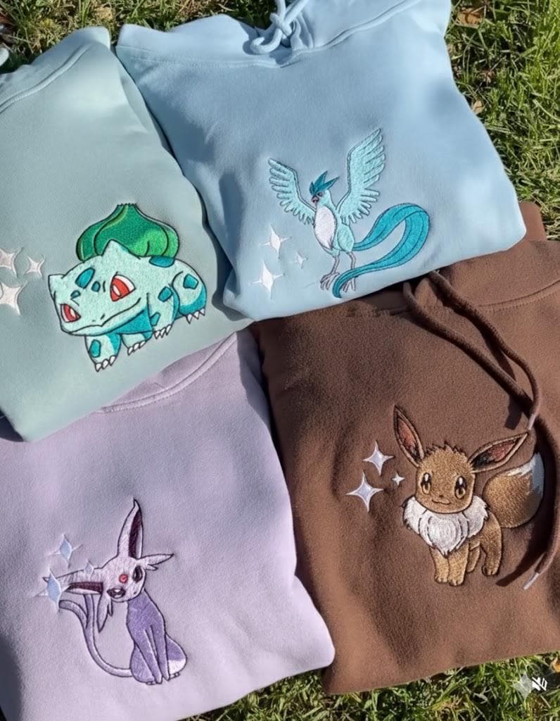 Embroidered Poke Hoodie, Cute Starter & Legendary Characters Sweatshirt, Cozy Anime Embroidery, Gift for PKM Fans