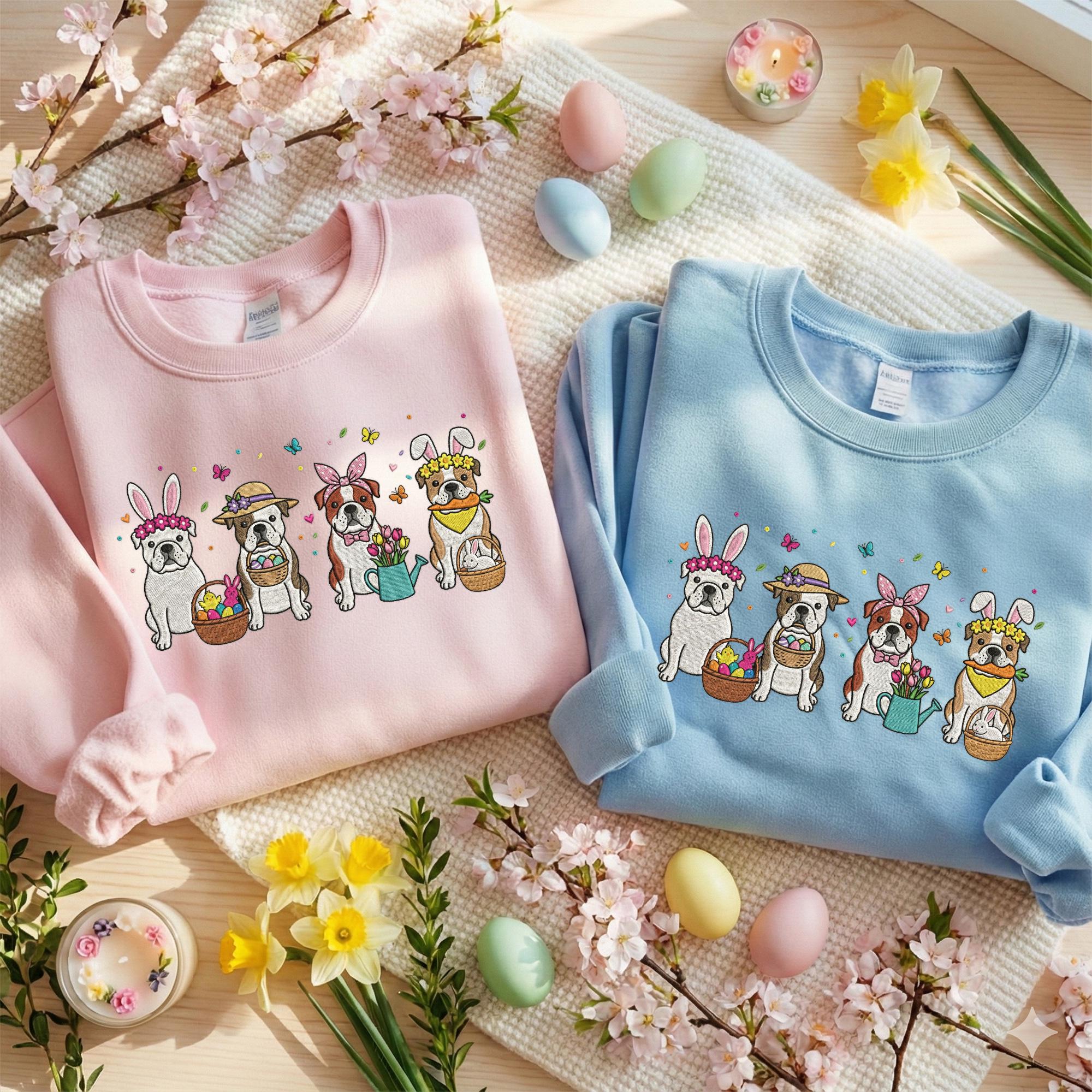 Embroidered American Bulldog Sweatshirt, Cute Bunny Ears Dog Crewneck, Spring Easter Puppy Shirt, Floral Bully Mom Gift, Holiday Art