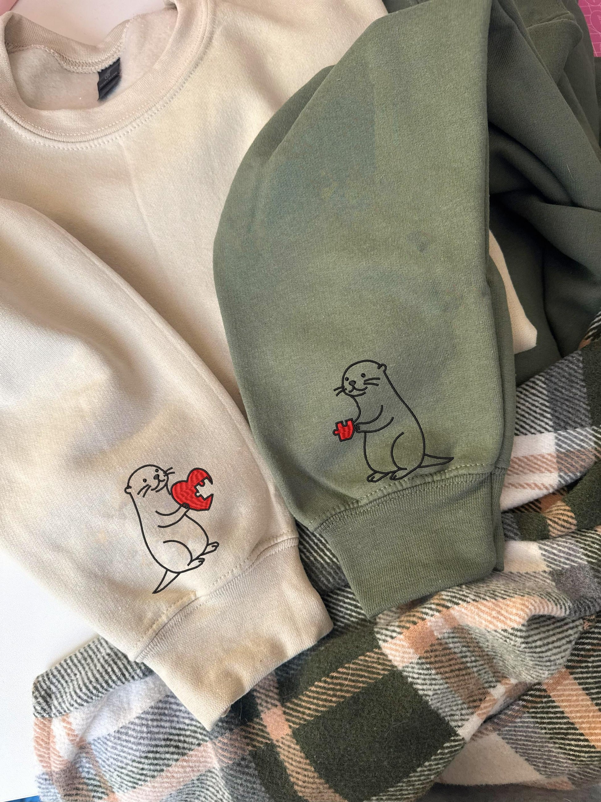 Embroidered Otter Sweatshirt for Valentine’s Day, Funny Couple Crewneck with Custom Sleeve Embroidery, Cute Couple Shirt, Anniversary Gift
